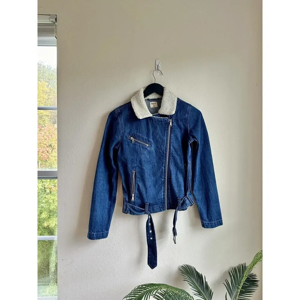 Gap Women's Denim Jacket XS Sherpa Lined Biker Belt Buckle Blue 1969